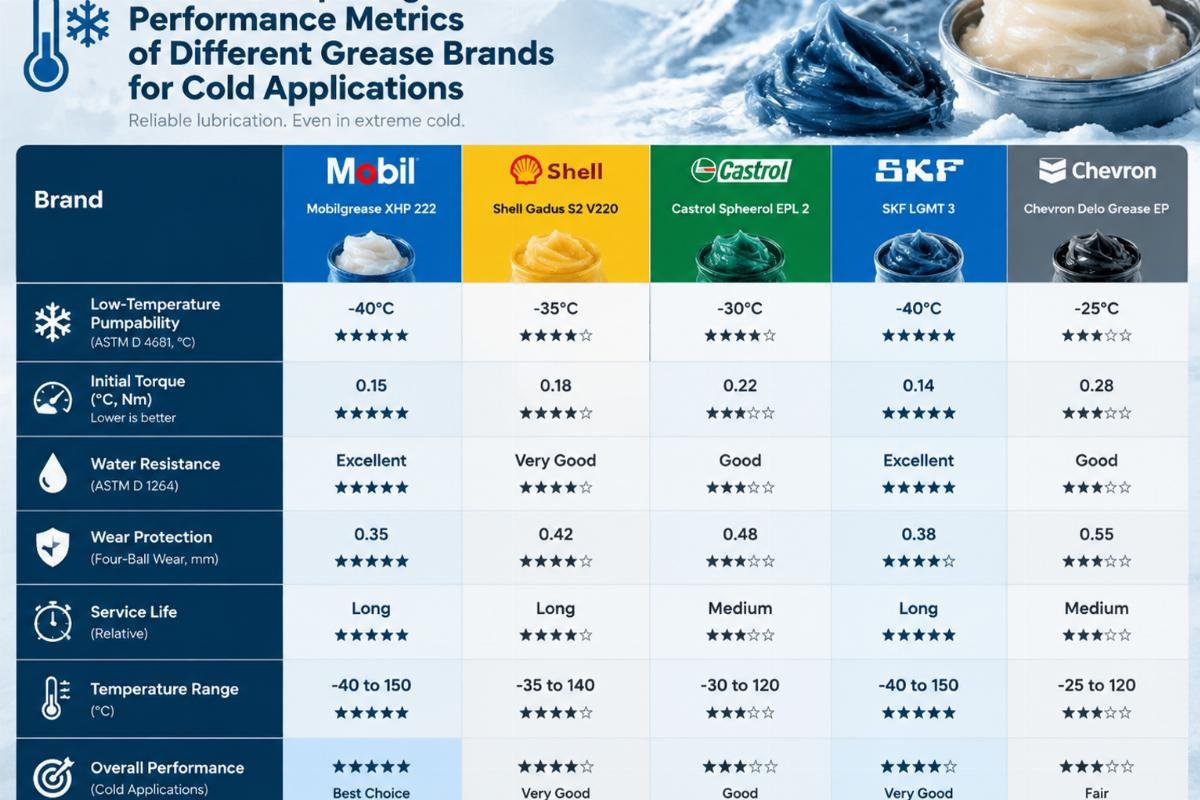 Matrix comparing performance metrics of different grease brands for cold applications