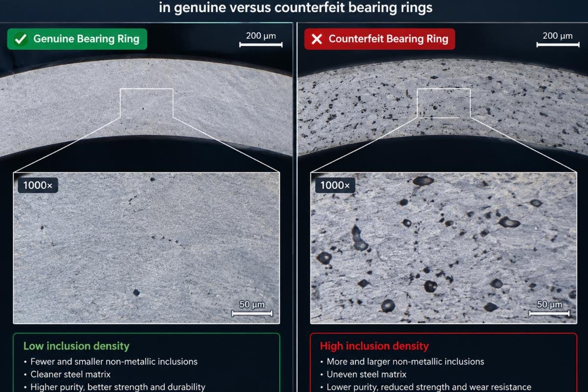 Microscopic view comparing steel inclusion density in genuine versus counterfeit bearing rings