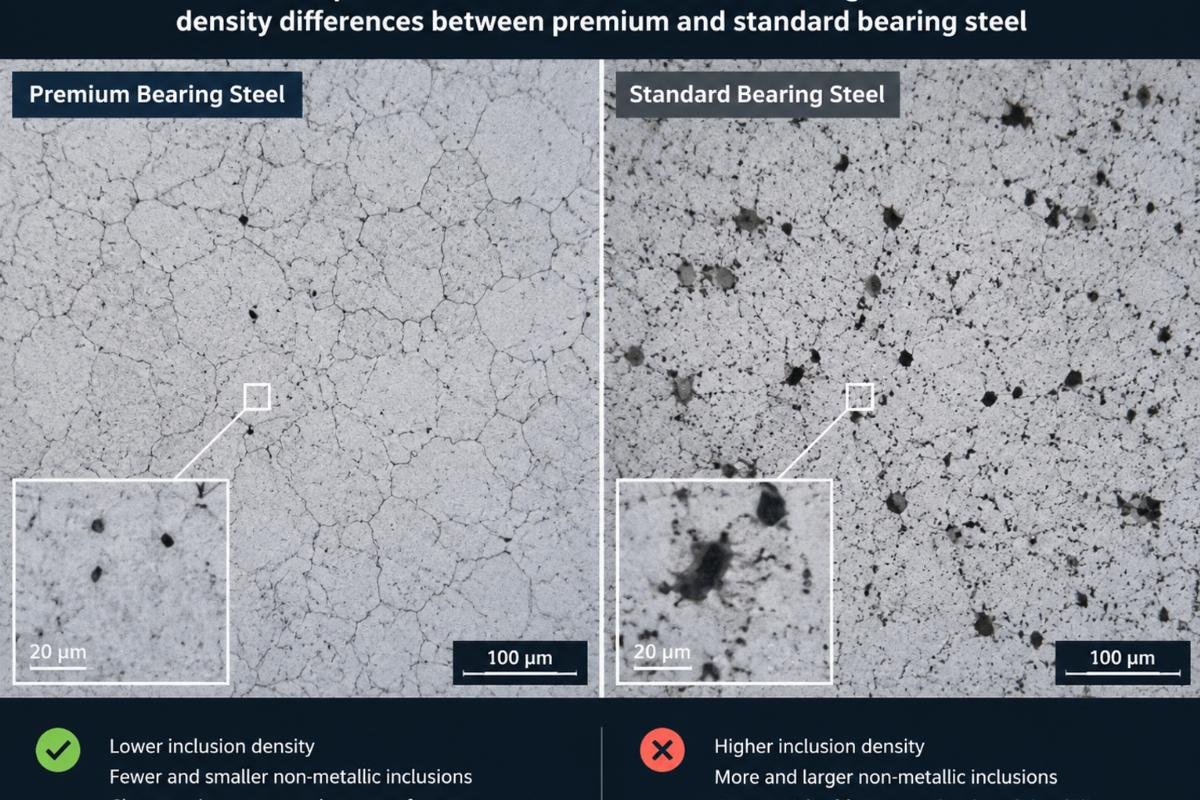Microscopic view of steel microstructure showing inclusion density differences between premium and standard bearing steel