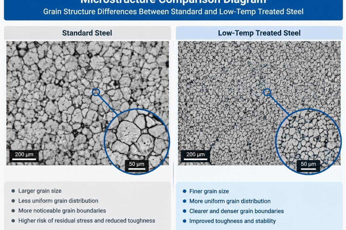 Microstructure comparison diagram showing grain structure differences between standard and low-temp treated steel