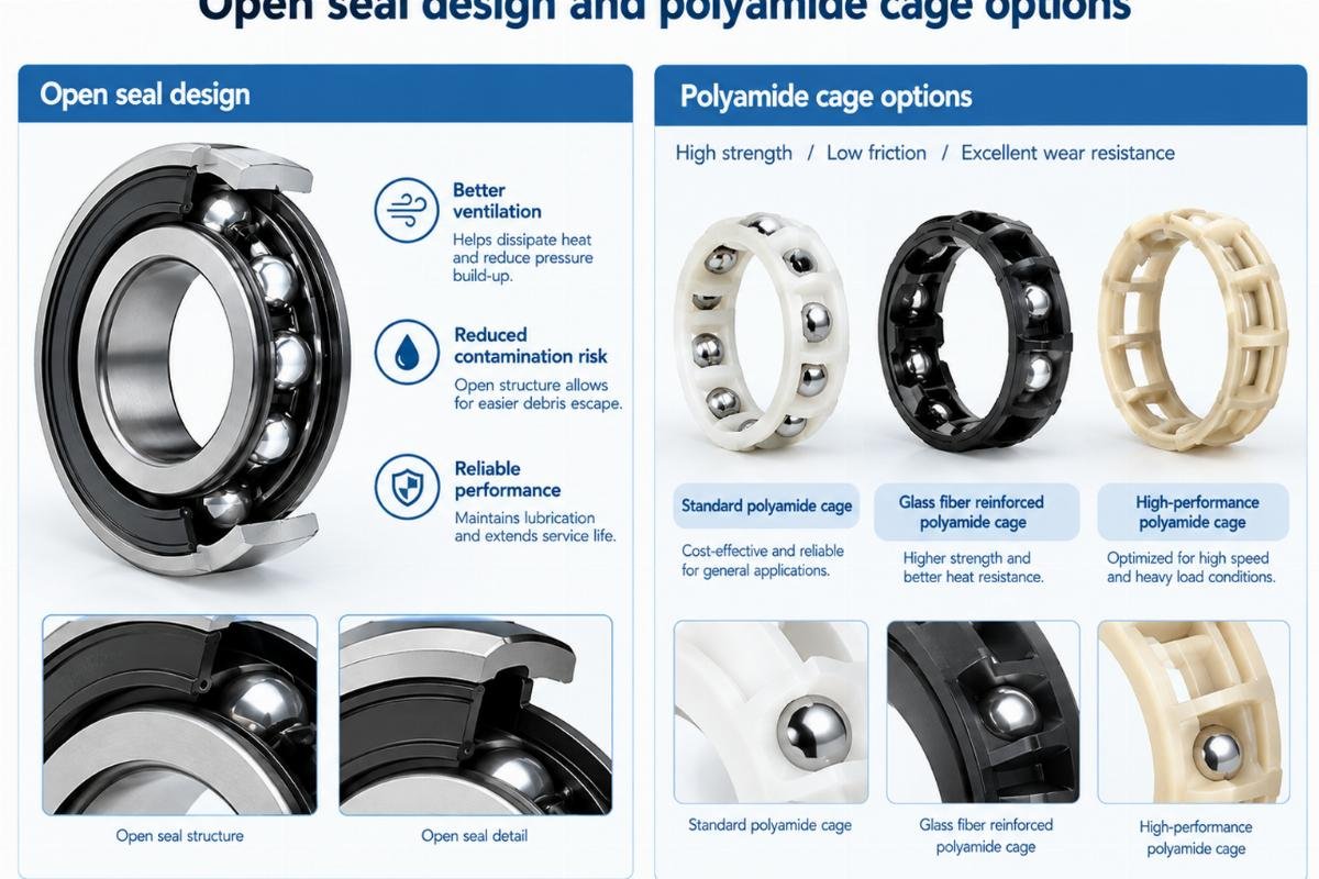 Open seal design and polyamide cage options