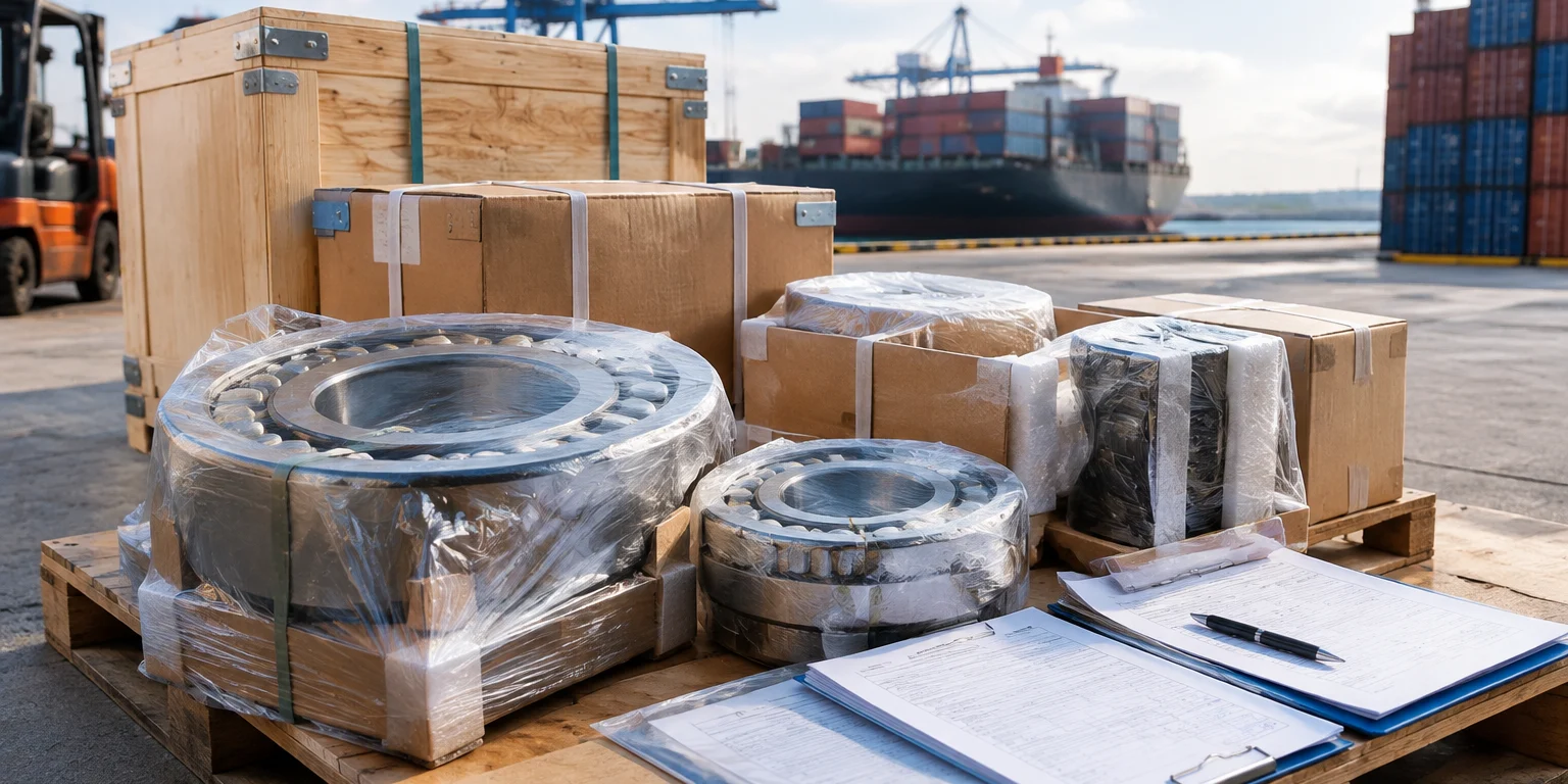Packaged bearing products ready for international shipment with documentation and customs paperwork