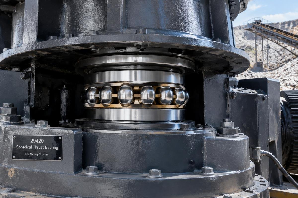 Photo of a 29420 spherical thrust bearing installed in a heavy-duty mining crusher assembly