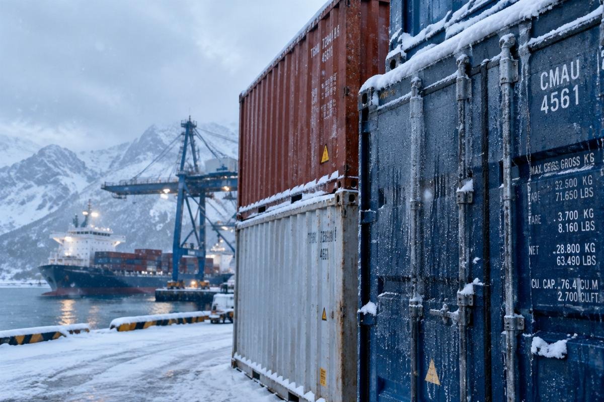 Photo of shipping containers stacked in a snowy Nordic port with visible moisture condensation on packaging