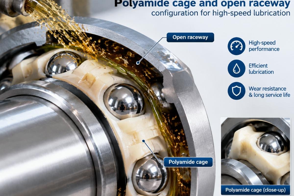 Polyamide cage and open raceway configuration for high-speed lubrication