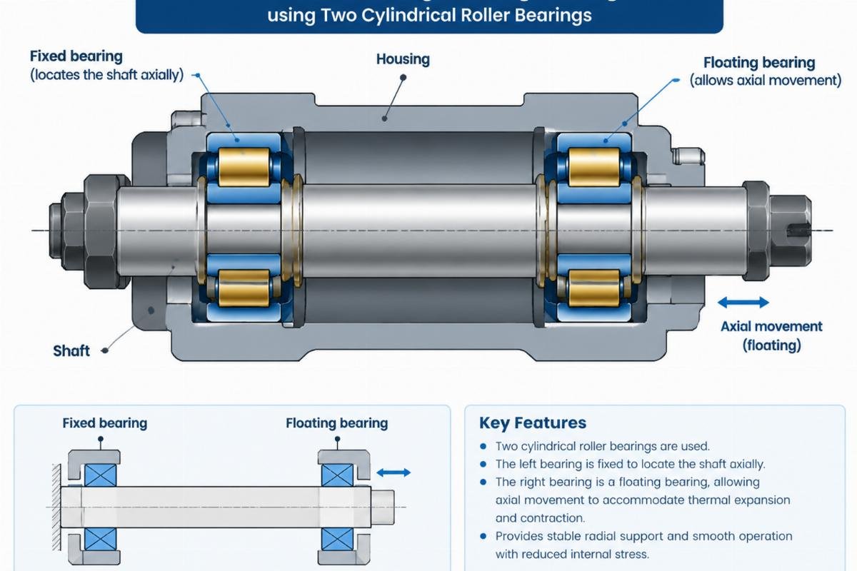 Schematic of a floating bearing arrangement using two cylindrical roller bearings