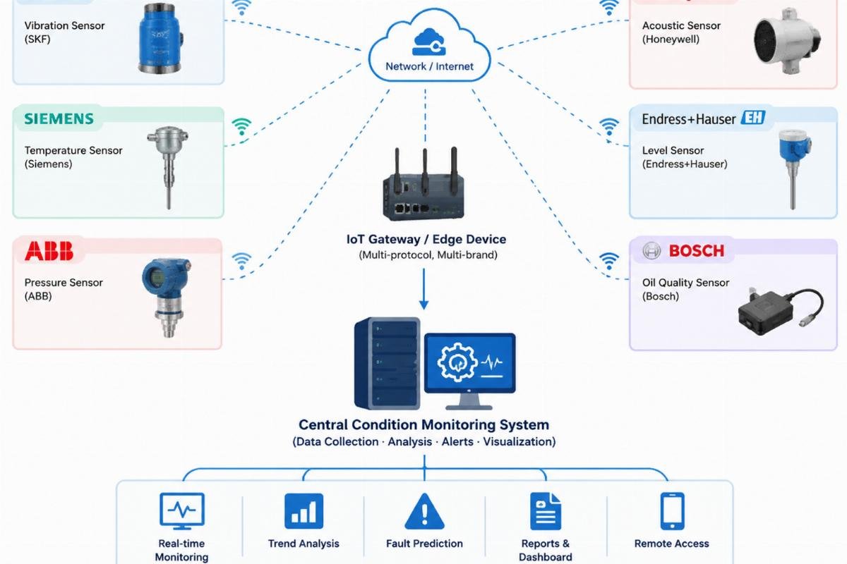 Schematic of a multi-brand sensor network connected to a central condition monitoring system