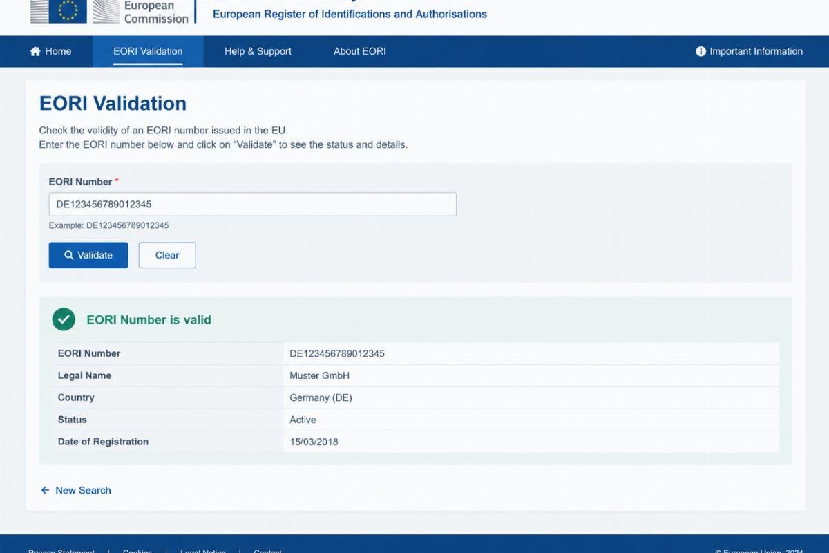 Screenshot of EU EORI validation system interface