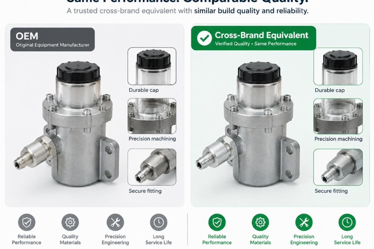 Side-by-side comparison of an OEM lubrication component and a verified cross-brand equivalent showing similar build quality