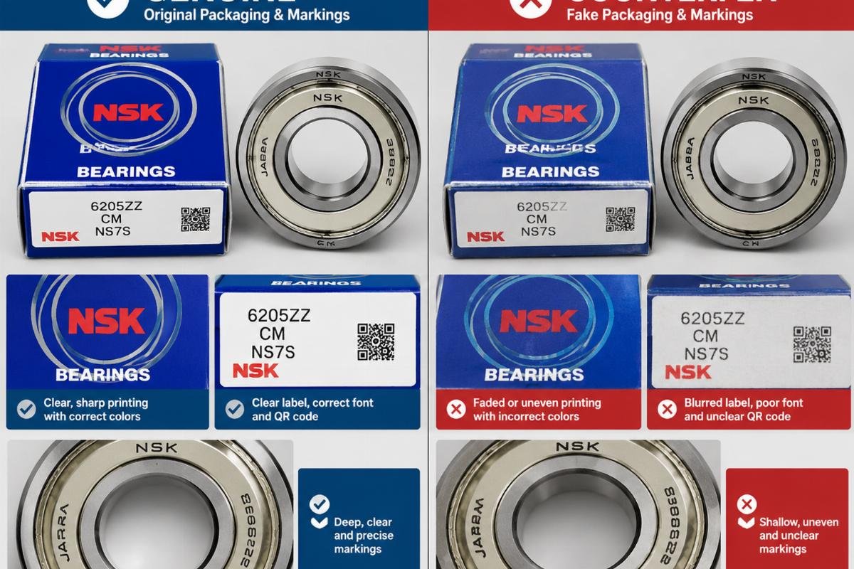 Side-by-side comparison of genuine and counterfeit bearing packaging and markings