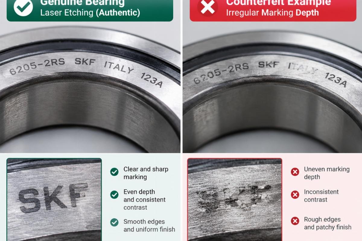 Side-by-side comparison of genuine bearing laser etching versus a counterfeit example with irregular marking depth