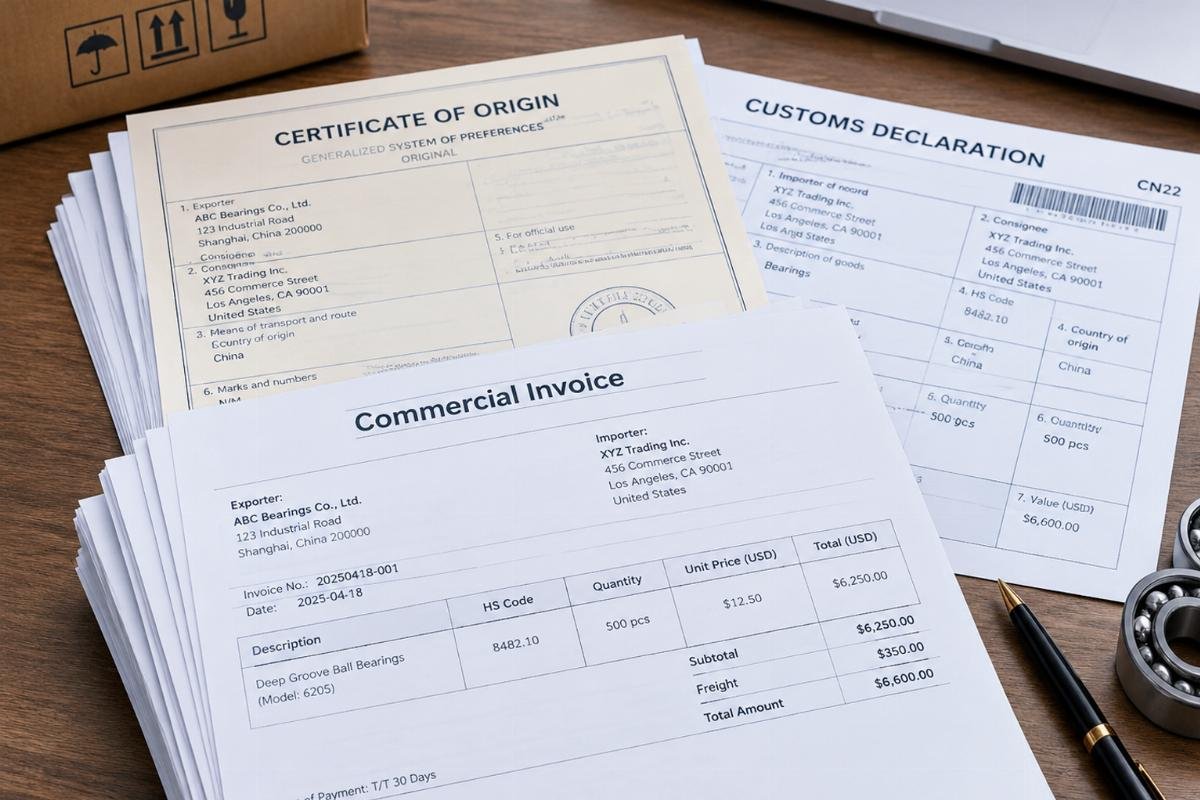 Stack of customs documentation including invoices and certificates of origin for bearing imports