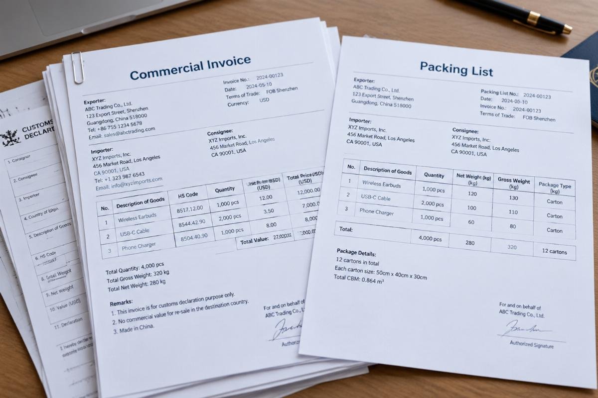Stack of customs documents including commercial invoice and packing list