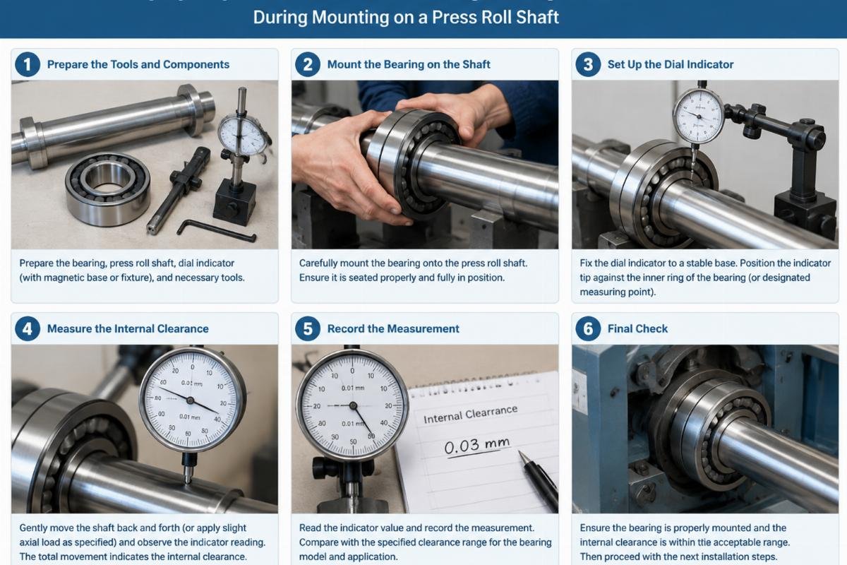 Step-by-step visual guide for measuring bearing internal clearance during mounting on a press roll shaft