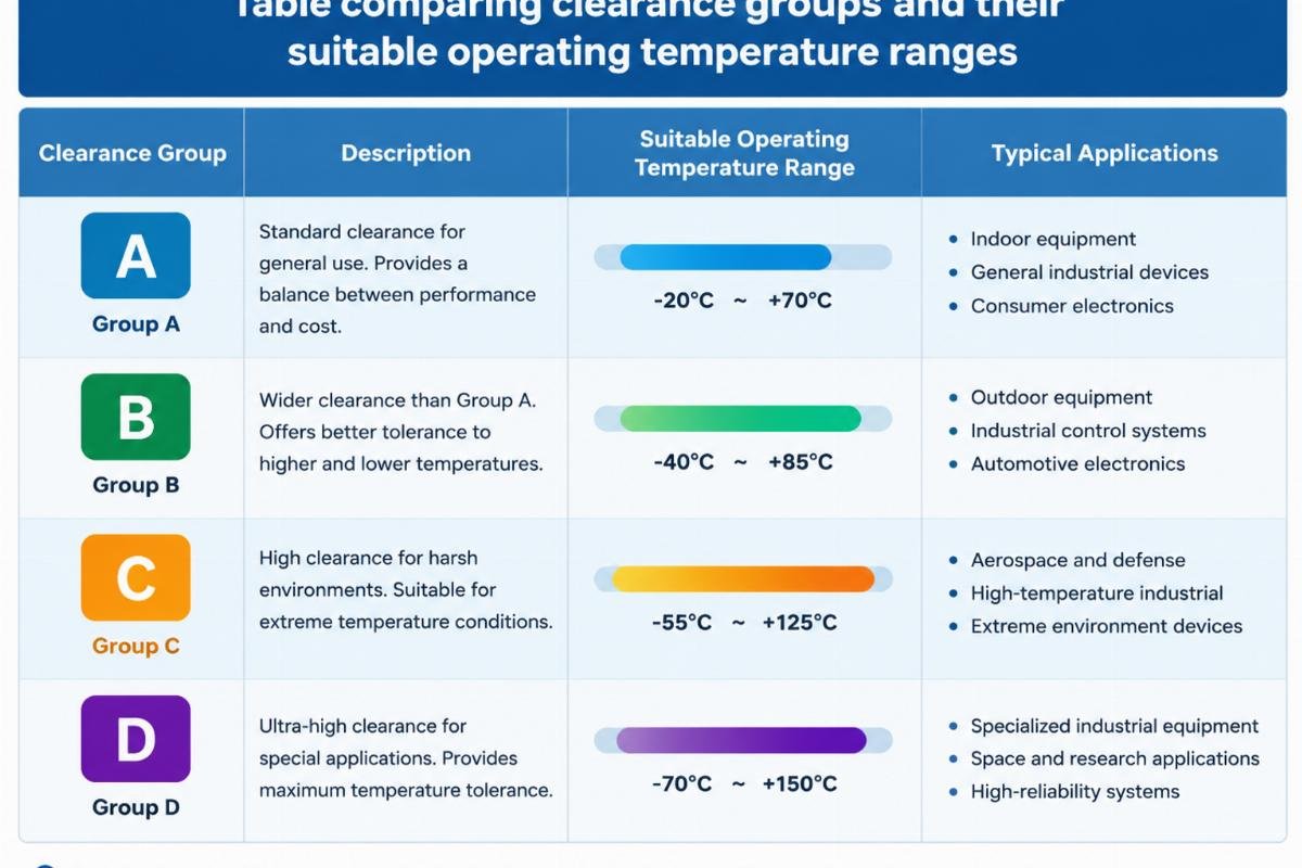Table comparing clearance groups and their suitable operating temperature ranges