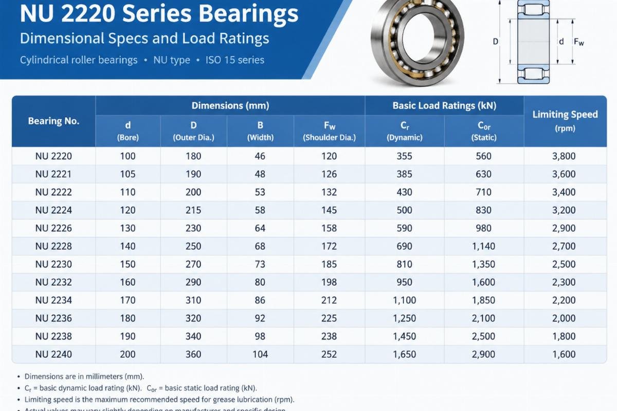Table comparing dimensional specs and load ratings for NU 2220 series bearings