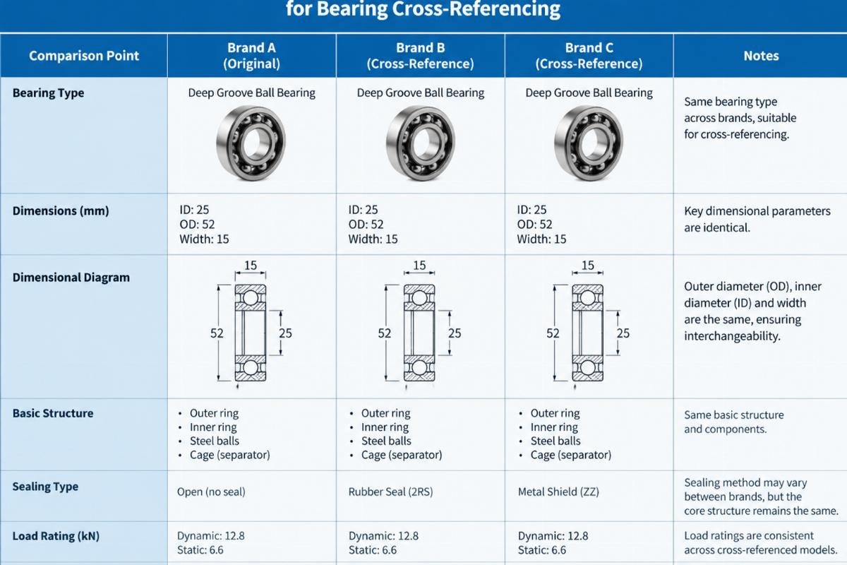Table showing dimensional and structural comparison points for bearing cross-referencing