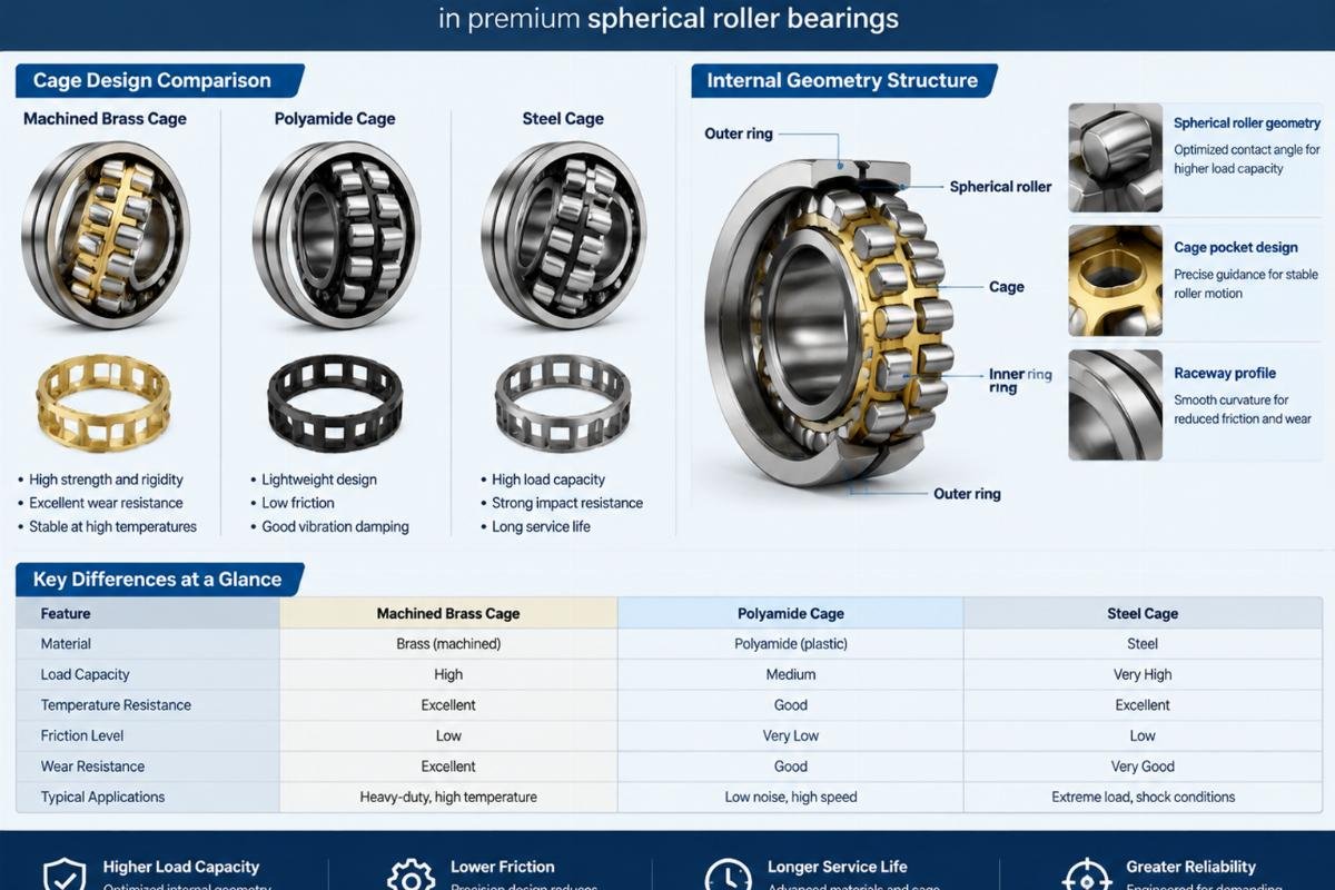 Technical comparison of cage designs and internal geometry in premium spherical roller bearings