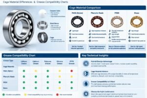 Technical comparison of hybrid ceramic ball bearings showing cage material differences and grease compatibility charts