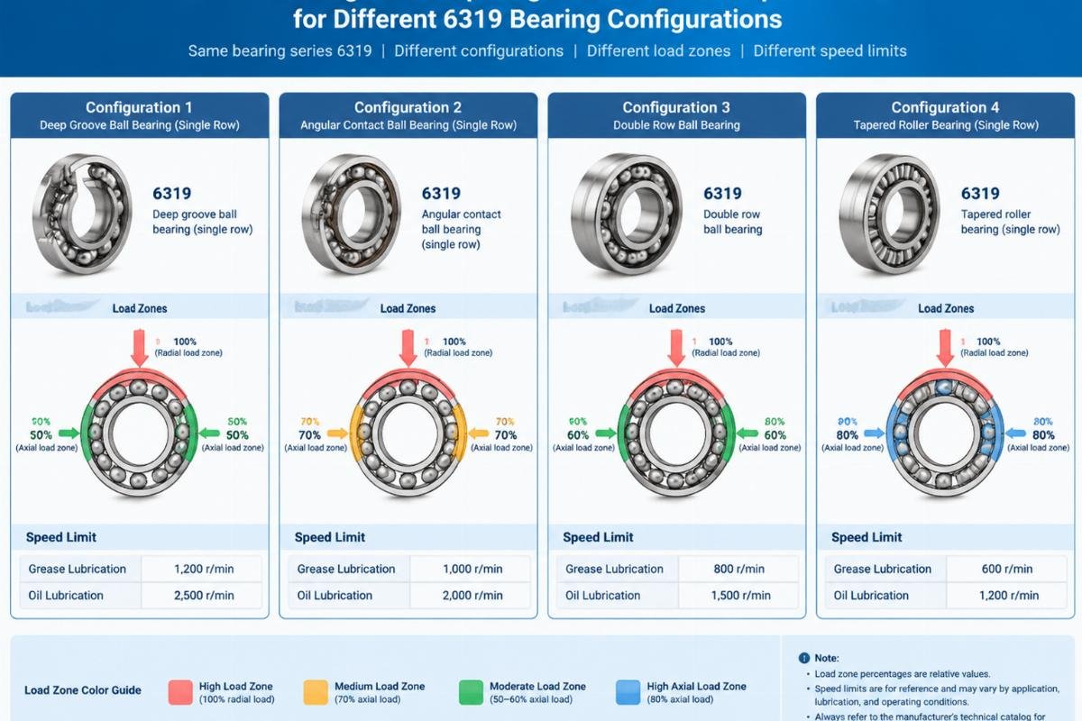 Technical diagram comparing load zones and speed limits for different 6319 bearing configurations