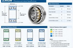 Technical diagram showing 23026 bearing dimensions and internal clearance zones
