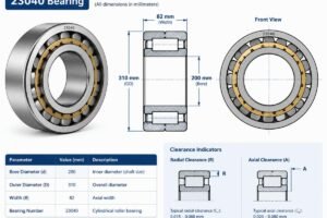 Technical diagram showing 23040 bearing dimensions including 200mm bore, 310mm OD, and 82mm width with clearance indicators
