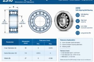 Technical diagram showing 2310 self-aligning ball bearing dimensions including inner outer diameter and width tolerances