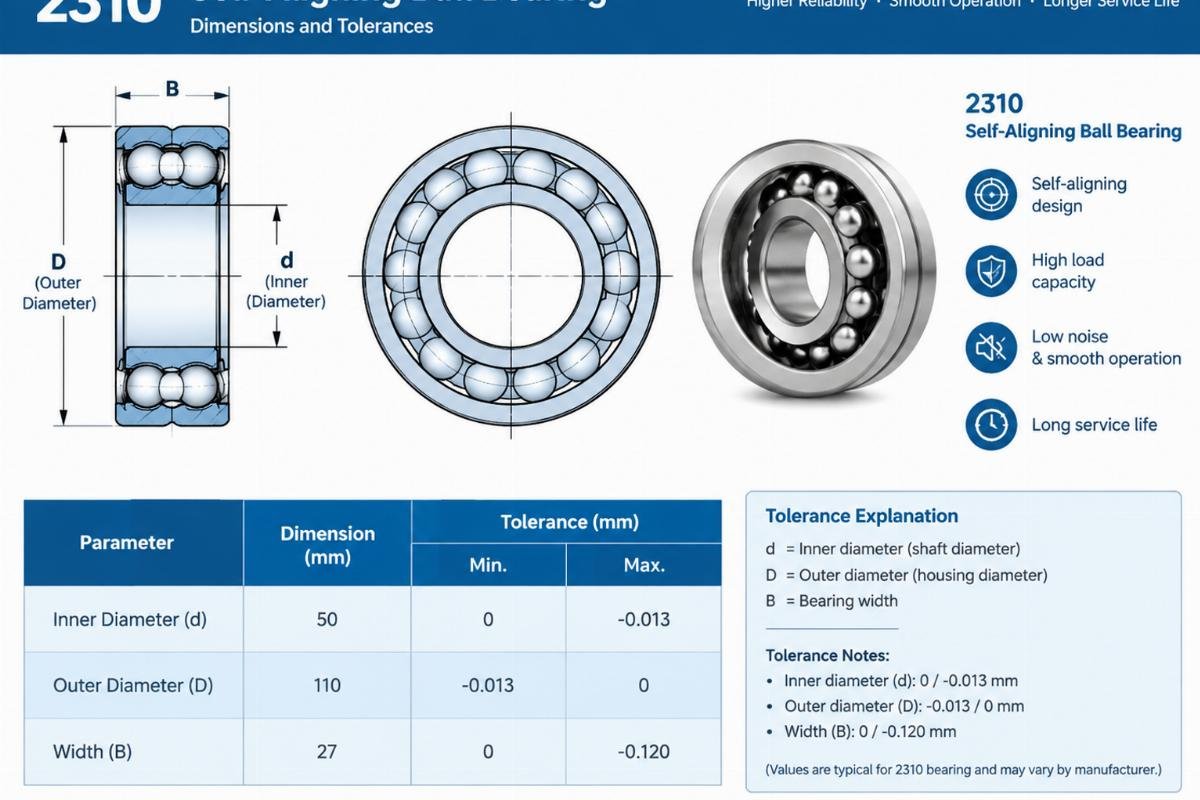 Technical diagram showing 2310 self-aligning ball bearing dimensions including inner outer diameter and width tolerances