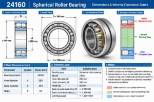 Technical diagram showing 24160 spherical roller bearing dimensions and internal clearance zones