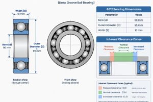 Technical diagram showing 6012 bearing dimensions including bore, outer diameter, and width alongside internal clearance zones