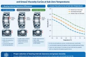 Technical diagram showing bearing internal clearance differences and grease viscosity curves at sub-zero temperatures