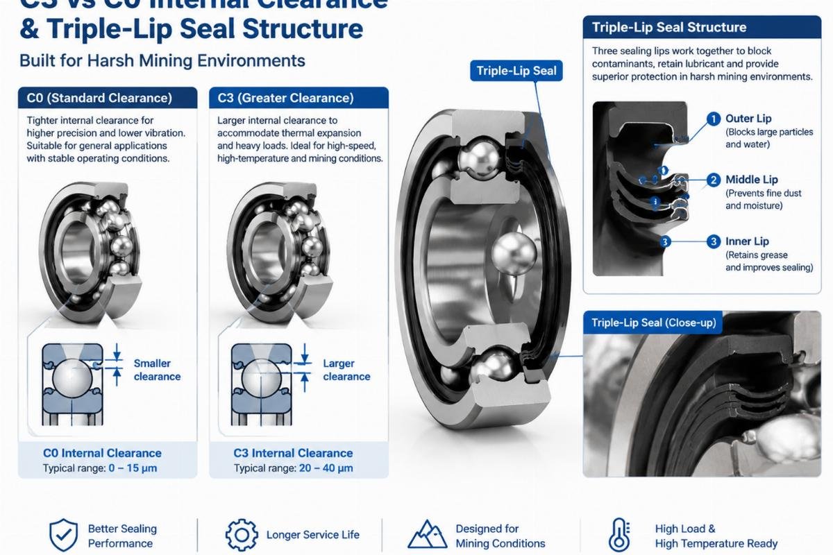 Technical diagram showing C3 vs C0 internal clearance and triple-lip seal structure in mining bearings