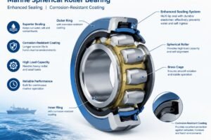 Technical diagram showing cross-section of a marine spherical roller bearing with enhanced sealing and corrosion-resistant coating