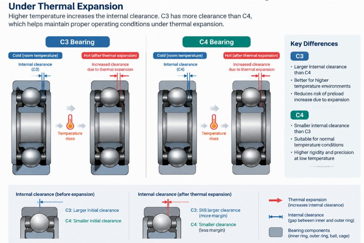 Technical diagram showing internal clearance differences between C3 and C4 bearings under thermal expansion