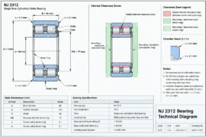 Technical diagram showing NJ 2312 bearing dimensions and internal clearance zones