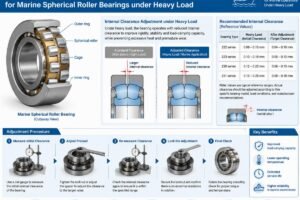 Technical diagram showing proper internal clearance adjustment for marine spherical roller bearings under heavy load