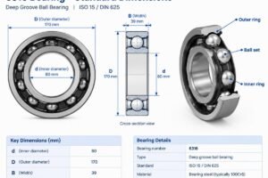 Technical diagram showing standard 6316 bearing dimensions with annotations for inner ring, outer ring, and ball set