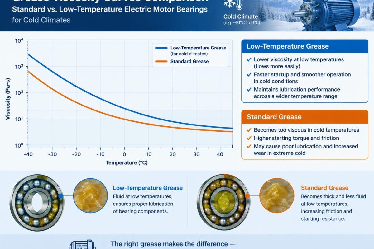 Technical diagram showing the difference in grease viscosity curves for standard versus low-temperature electric motor bearings in cold climates