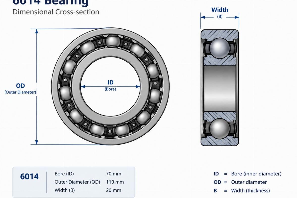 Technical diagram showing the dimensional cross-section of a 6014 bearing with labeled bore, outer diameter, and width