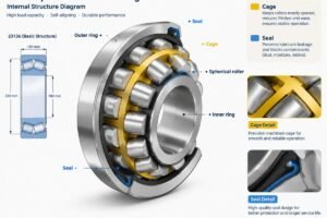 Technical diagram showing the internal structure of a 23136 spherical roller bearing with highlighted cage and seal areas