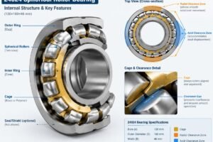 Technical diagram showing the internal structure of a 24024 spherical roller bearing with highlighted cage and clearance zones