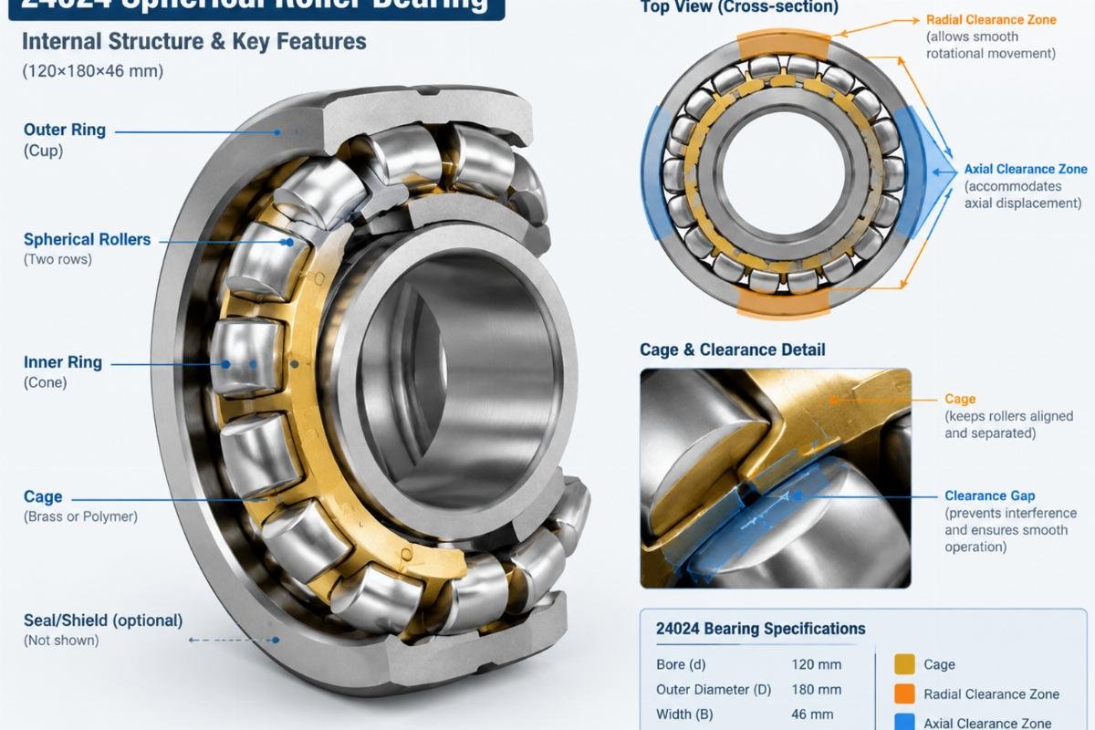 Technical diagram showing the internal structure of a 24024 spherical roller bearing with highlighted cage and clearance zones