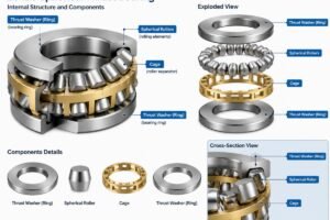 Technical diagram showing the internal structure of a 29420 spherical thrust bearing with labeled components including rollers, cage, and rings