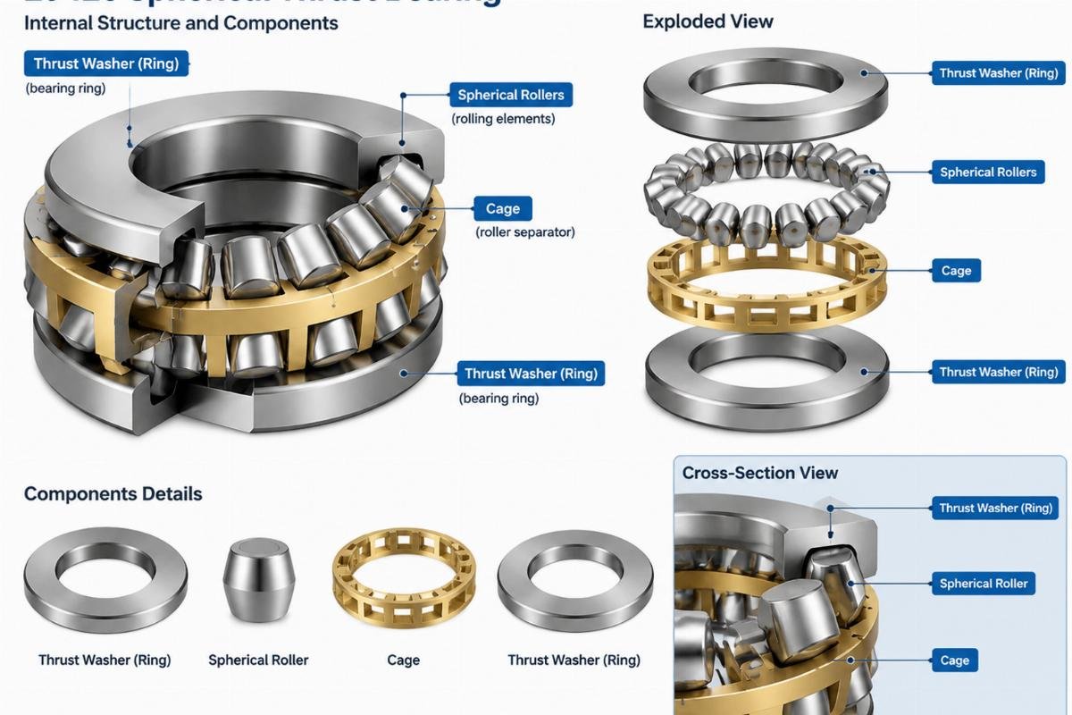 Technical diagram showing the internal structure of a 29420 spherical thrust bearing with labeled components including rollers, cage, and rings