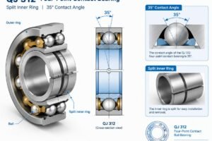 Technical diagram showing the split inner ring and 35-degree contact angle of a QJ 312 four-point contact bearing