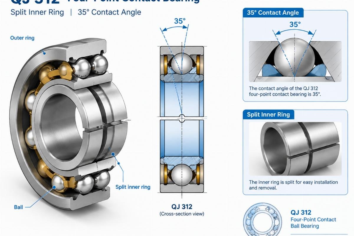 Technical diagram showing the split inner ring and 35-degree contact angle of a QJ 312 four-point contact bearing