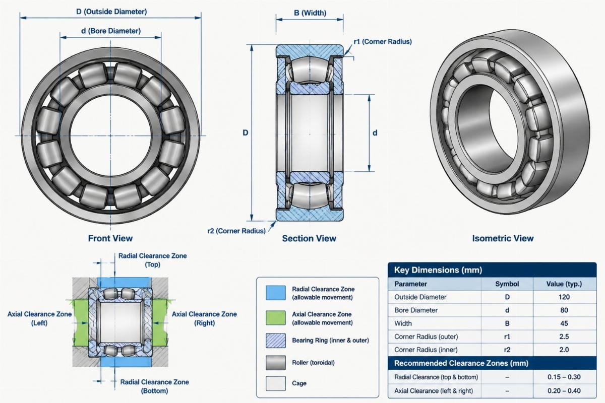 Technical drawing showing the key dimensions and clearance zones of a toroidal roller bearing