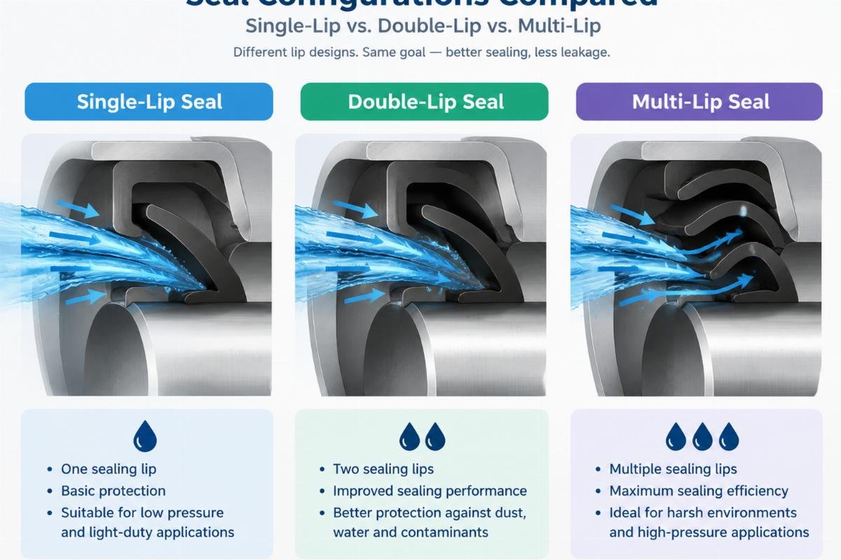 Technical illustration comparing single-lip, double-lip, and multi-lip seal configurations with water flow arrows