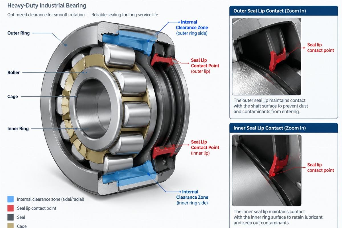 Technical illustration highlighting internal clearance zones and seal lip contact points in a heavy-duty industrial bearing