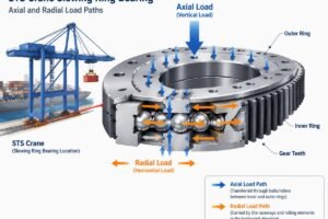 Technical illustration of an STS crane slewing ring bearing highlighting the axial and radial load paths